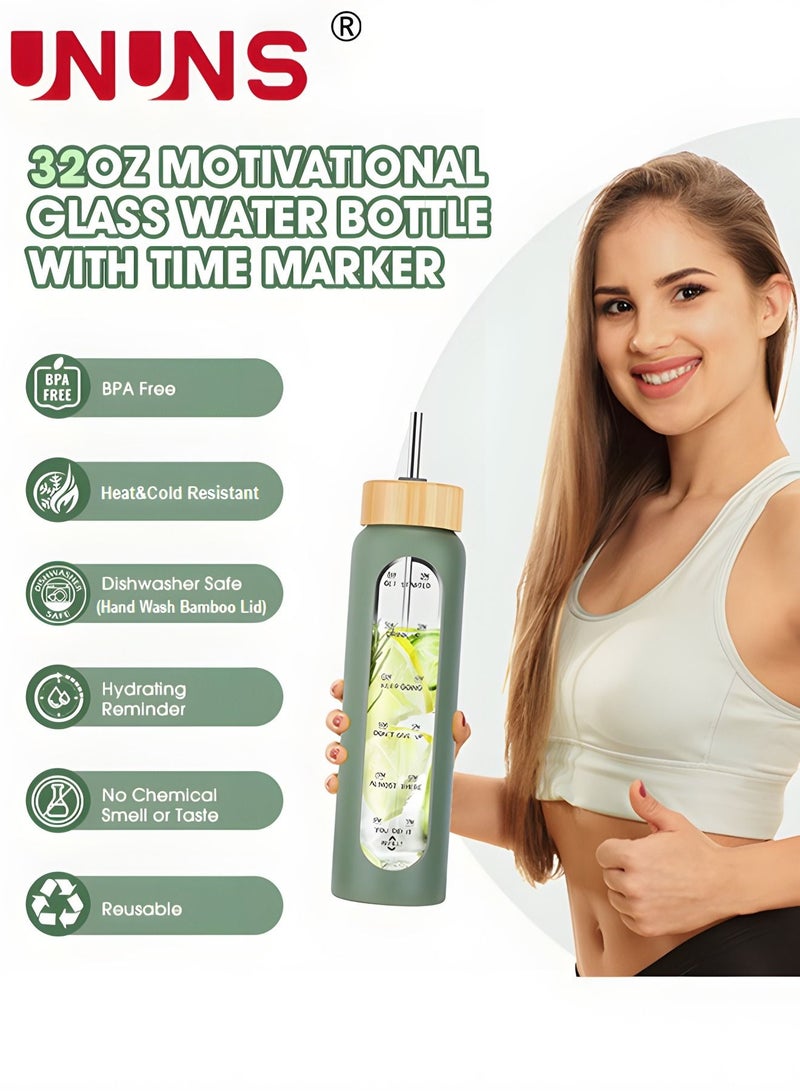UNUNS 1L Motivational Glass Water Bottle with Time Marker & Silicone Sleeve &  Straw & Bamboo Lids & Fruit Infuser , Leak Proof Reusable BPA Free Motivational Drinking Jug Water Jug  - Image 5