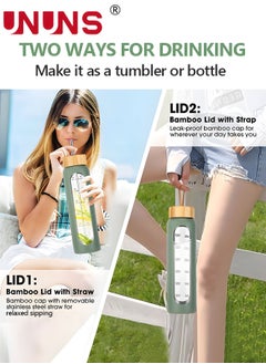 UNUNS 1L Motivational Glass Water Bottle with Time Marker & Silicone Sleeve &  Straw & Bamboo Lids & Fruit Infuser , Leak Proof Reusable BPA Free Motivational Drinking Jug Water Jug  - Image 4
