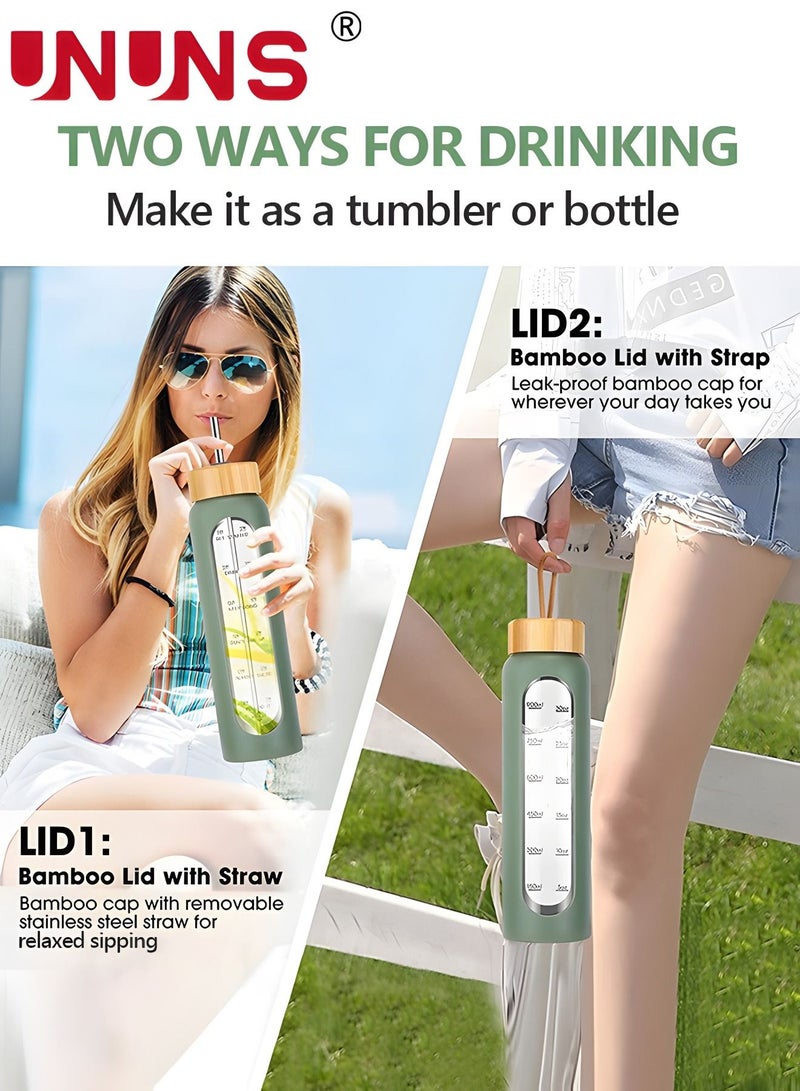 UNUNS 1L Motivational Glass Water Bottle with Time Marker & Silicone Sleeve &  Straw & Bamboo Lids & Fruit Infuser , Leak Proof Reusable BPA Free Motivational Drinking Jug Water Jug  - Image 4