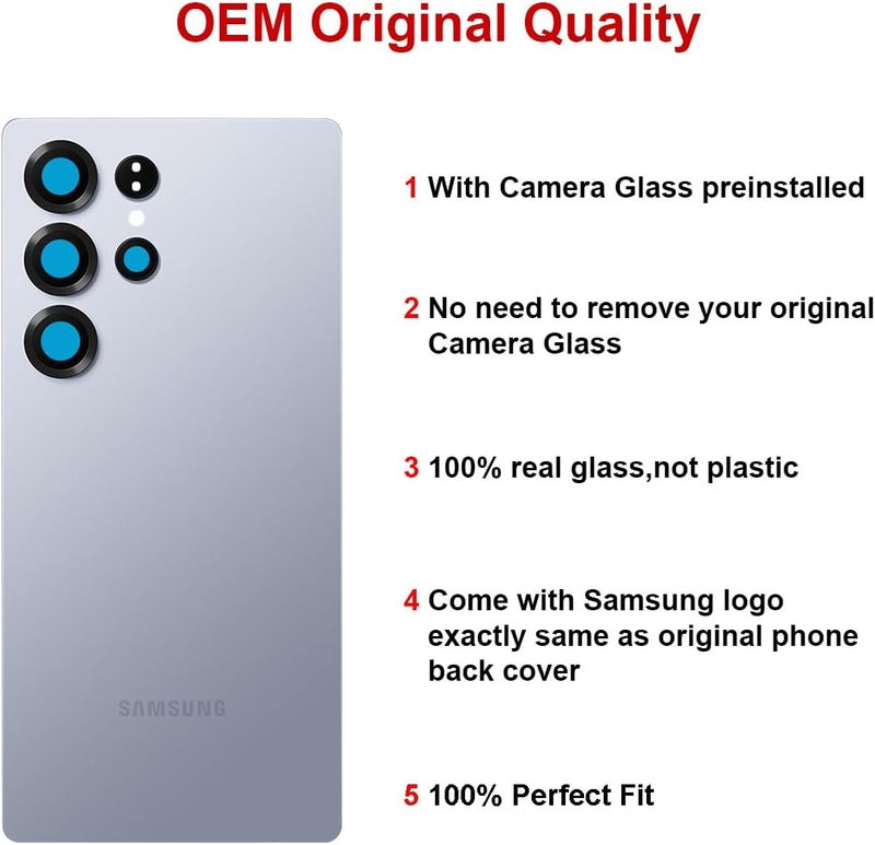 Perzework استبدال زجاج خلفي لجهاز سامسونج جالاكسي S25 ألترا 6.9 بوصة مع مجموعة أدوات الإصلاح (تيتانيوم فضي أزرق) - Image 3