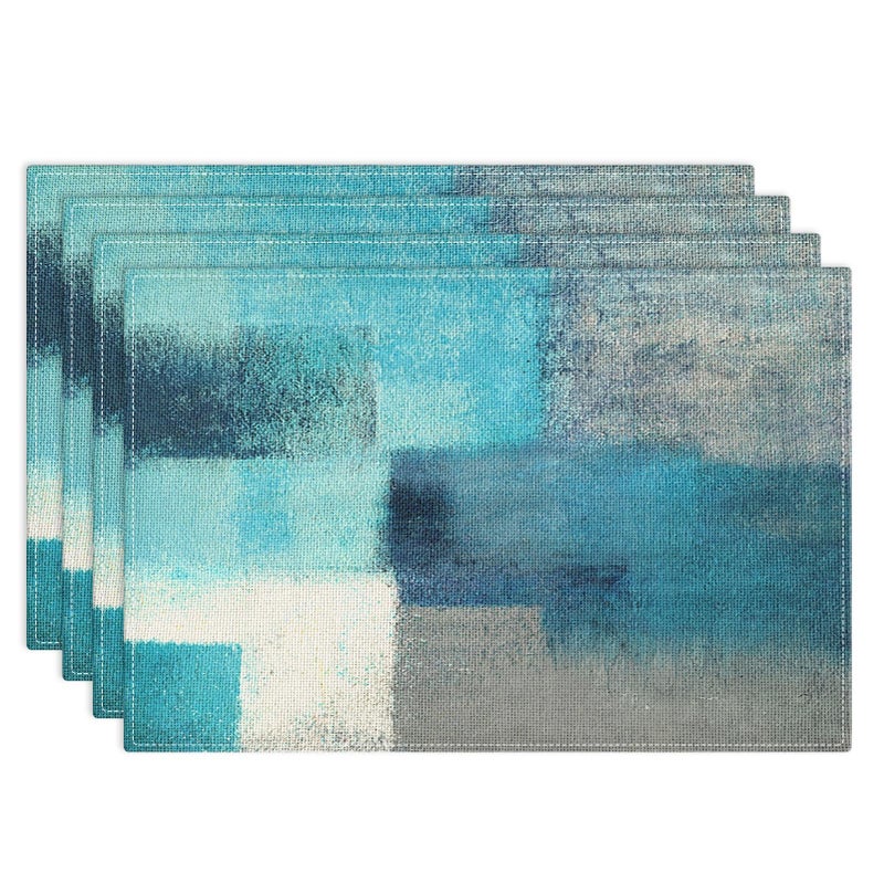 Emvency Farmhouse Placemats Set of 4, 12x18 Inch Modern Teal and Grey Abstract Art Painting Table Mats for Outdoor Home Party Kitchen Dining Decoration - Image 1
