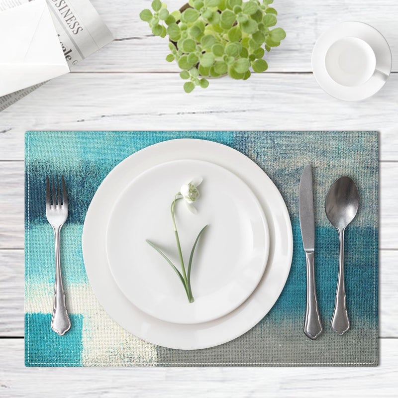 Emvency Farmhouse Placemats Set of 4, 12x18 Inch Modern Teal and Grey Abstract Art Painting Table Mats for Outdoor Home Party Kitchen Dining Decoration - Image 4