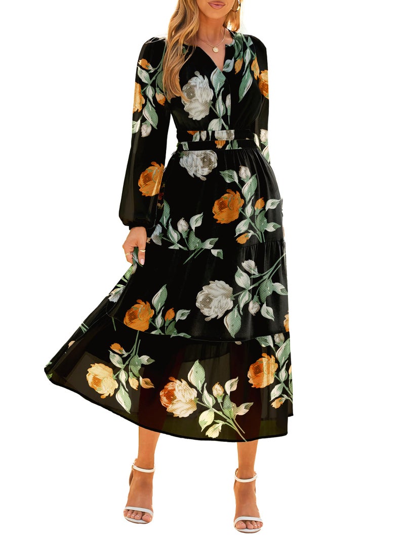 Simplee Women's Floral Boho Long Sleeve Maxi Dress V Neck Empire Waist Swing Flowy Wedding Guest Dress Black Floral L - Image 1