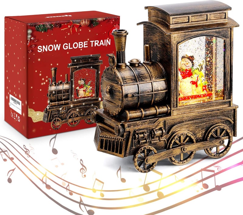 IPOW Christmas Snow Globe Lantern Train with Water Swirling Glitter, Musical and Lighted 6 Hours Timer USB Powered & Battery Operated Music Box for Christmas Home Decoration Gift, Snowman Scene - Image 1
