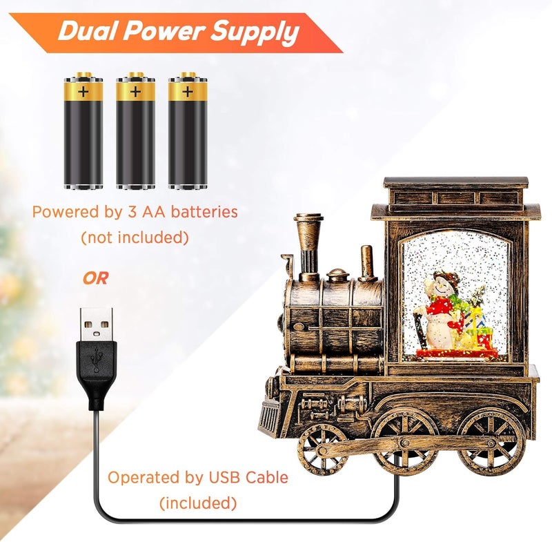 IPOW Christmas Snow Globe Lantern Train with Water Swirling Glitter, Musical and Lighted 6 Hours Timer USB Powered & Battery Operated Music Box for Christmas Home Decoration Gift, Snowman Scene - Image 3