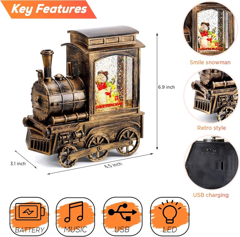 IPOW Christmas Snow Globe Lantern Train with Water Swirling Glitter, Musical and Lighted 6 Hours Timer USB Powered & Battery Operated Music Box for Christmas Home Decoration Gift, Snowman Scene - Image 2