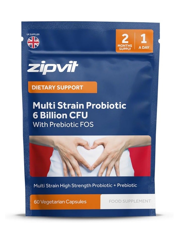 Zipvit Probiotic – 6 Billion CFU with Prebiotic – 5 Strain Formula for Gut Health – 60 Vegetarian Capsules for Men & Women – 2 Month Supply - Image 1