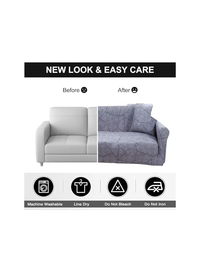 The Bros Stretch Sofa Cover, 1-piece Printed Sofa Slipcover Couch Sofa Cover Elastic Universal Sofa Protector with 1 Pillowcase (2 Seater, Grey Geometry) - Image 5