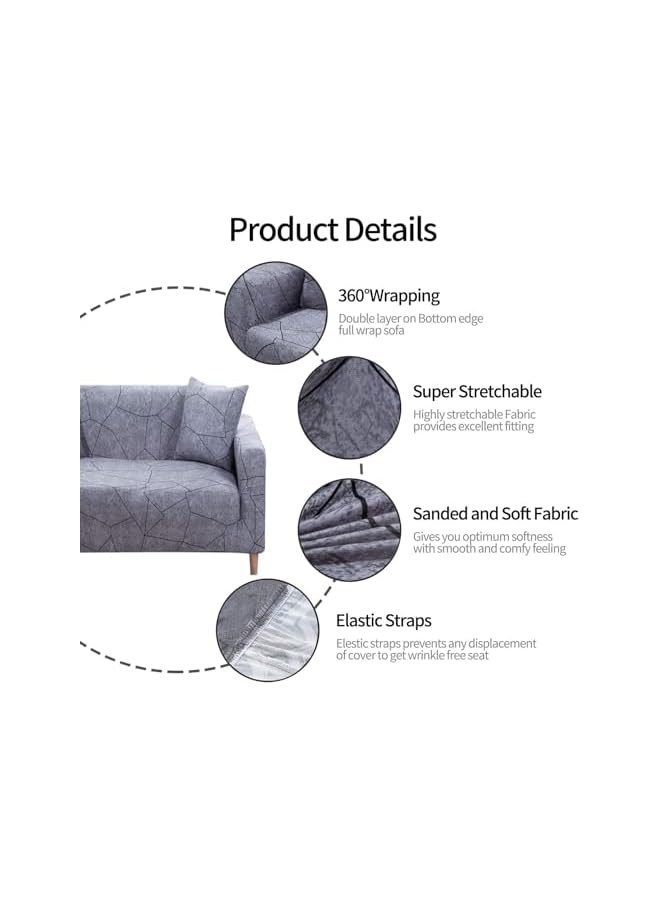 The Bros Stretch Sofa Cover, 1-piece Printed Sofa Slipcover Couch Sofa Cover Elastic Universal Sofa Protector with 1 Pillowcase (2 Seater, Grey Geometry) - Image 4