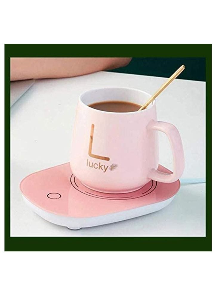 Lucky Coffee Mug Warmer for Desk, Coffee Cup Warmer Electric Beverage for Keeping Cocoa Tea Water Milk Warm, Cup and Spoon (Pink) - Image 2