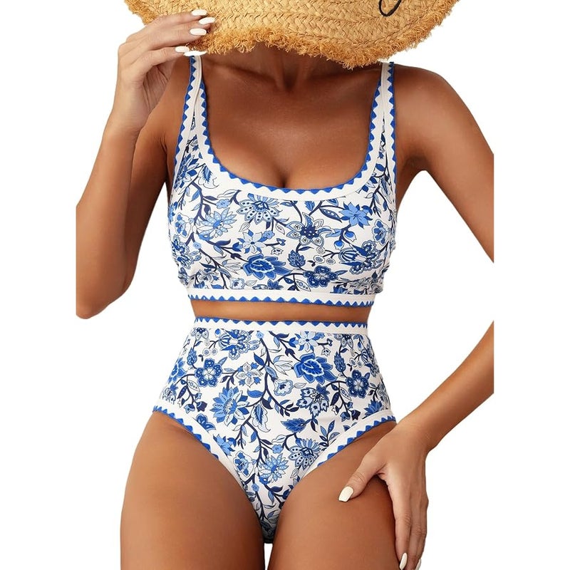 Herseas Women's Bikini Sets Floral Print Whip Stitch 2 Piece Swimsuits High Waisted Scoop Bathing Suits - Image 1