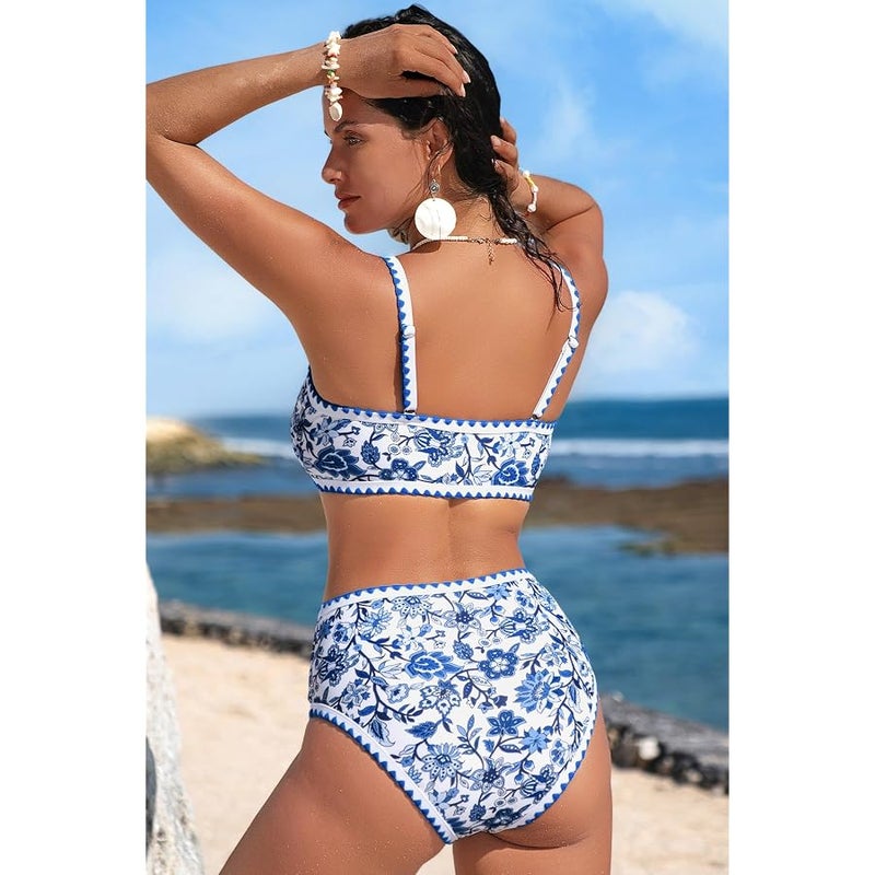 Herseas Women's Bikini Sets Floral Print Whip Stitch 2 Piece Swimsuits High Waisted Scoop Bathing Suits - Image 2