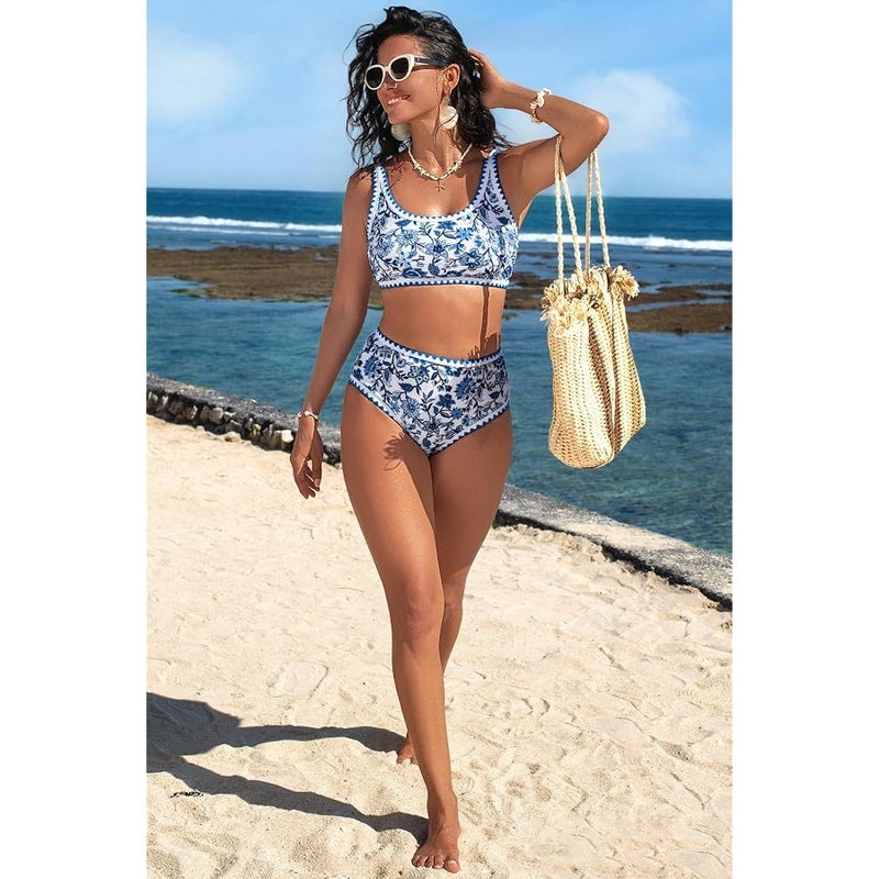 Herseas Women's Bikini Sets Floral Print Whip Stitch 2 Piece Swimsuits High Waisted Scoop Bathing Suits - Image 3