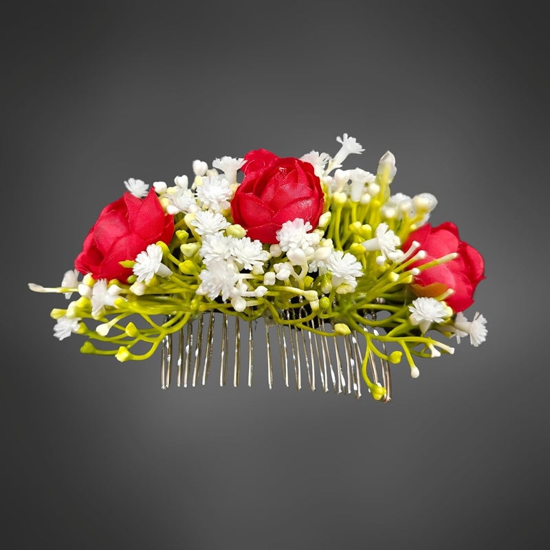ANVIK Artificial Flower Fancy Hair Clip/Side Pin/Comb Pin/Juda Pin/Crystal Bun Pin For Women And Girls Bride Hair Styling Wedding Hair Accessories Flower Hair Accessory For Women (Red) - Image 1