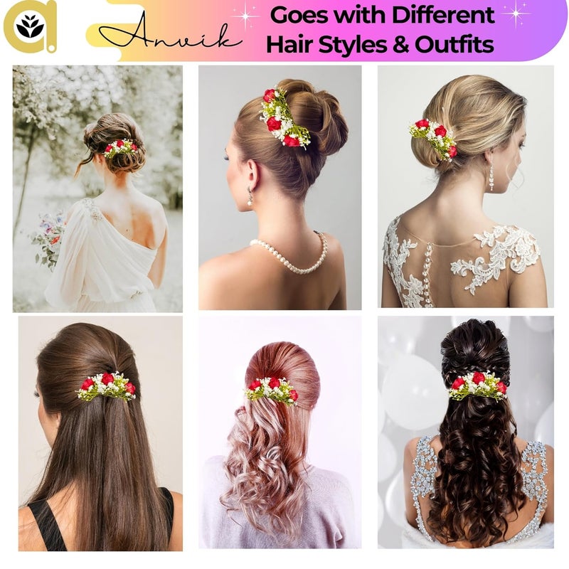 ANVIK Artificial Flower Fancy Hair Clip/Side Pin/Comb Pin/Juda Pin/Crystal Bun Pin For Women And Girls Bride Hair Styling Wedding Hair Accessories Flower Hair Accessory For Women (Red) - Image 4