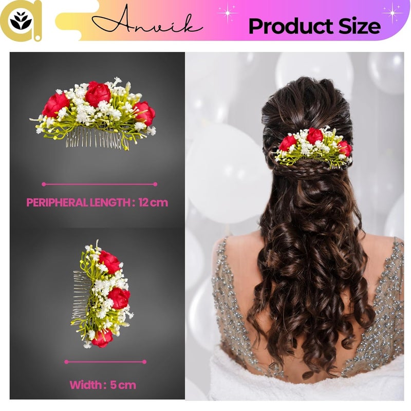 ANVIK Artificial Flower Fancy Hair Clip/Side Pin/Comb Pin/Juda Pin/Crystal Bun Pin For Women And Girls Bride Hair Styling Wedding Hair Accessories Flower Hair Accessory For Women (Red) - Image 3
