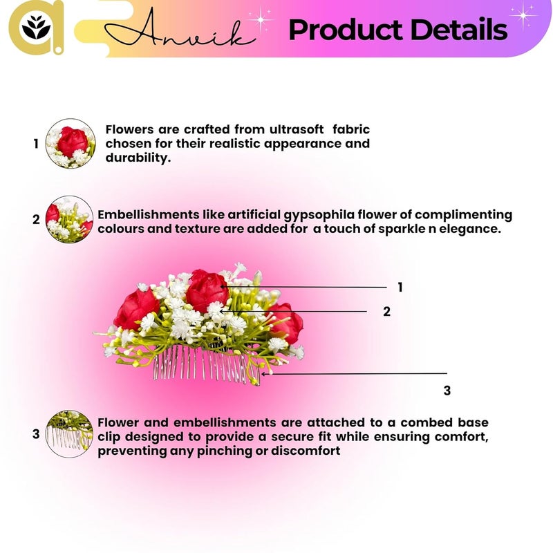ANVIK Artificial Flower Fancy Hair Clip/Side Pin/Comb Pin/Juda Pin/Crystal Bun Pin For Women And Girls Bride Hair Styling Wedding Hair Accessories Flower Hair Accessory For Women (Red) - Image 2