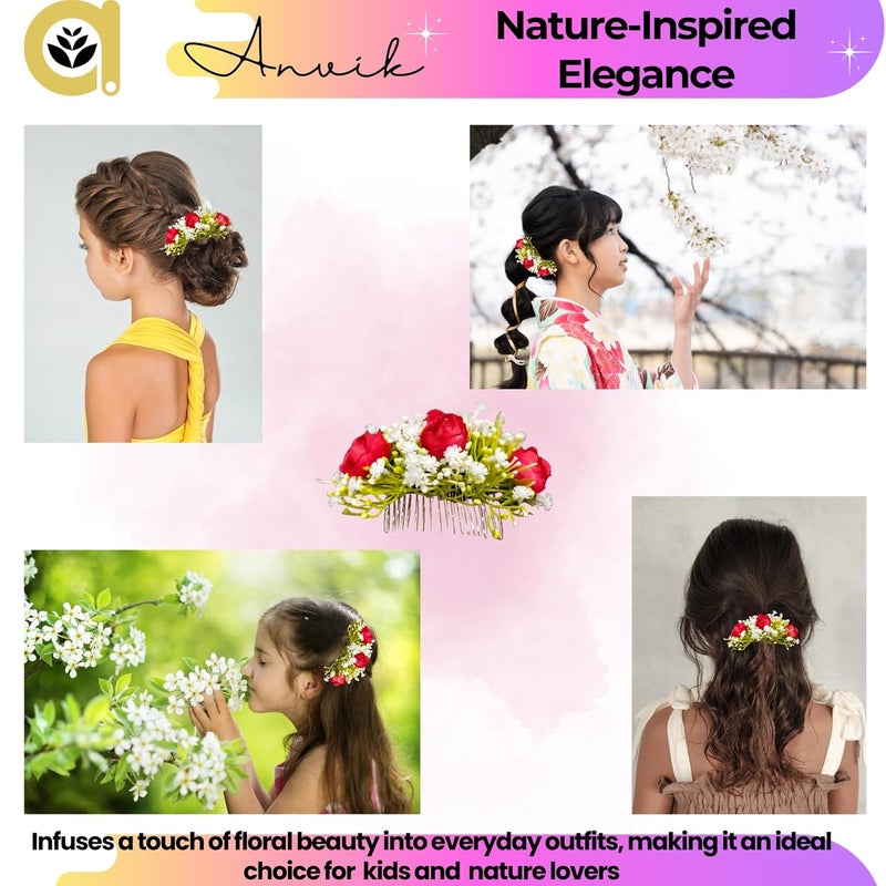 ANVIK Artificial Flower Fancy Hair Clip/Side Pin/Comb Pin/Juda Pin/Crystal Bun Pin For Women And Girls Bride Hair Styling Wedding Hair Accessories Flower Hair Accessory For Women (Red) - Image 5