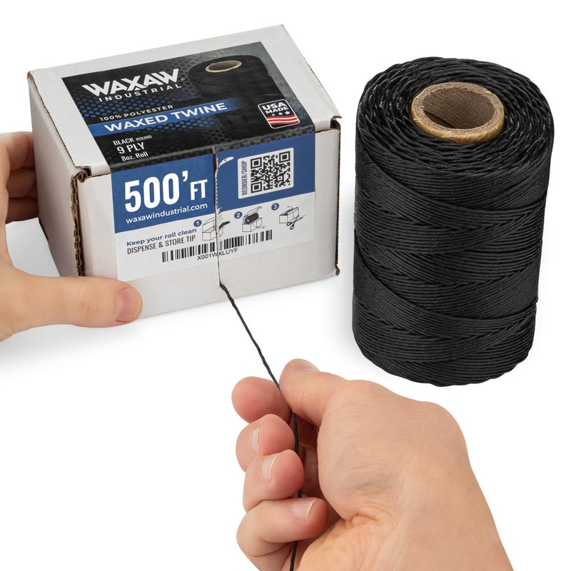 WAXAW 9-Ply Black Waxed Lacing Cord Twine With Dispenser Box 160 Lbs Tensile Strength (1-Roll) 500 Feet Spool 100% Polyester Cable Tie Down Usa Made - Image 1