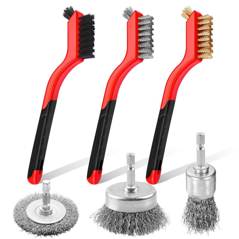 IPELY 6Pcs Wire Brushes for Cleaning Rust, Small Wire Brush, Wire Wheel for Drill Steel Brush for Cleaning with Nylon, Brass, Stainless Steel, and Carbon Steel Bristles - 7-Inch Handle & 1/4-Inch Hex Shank - Image 1