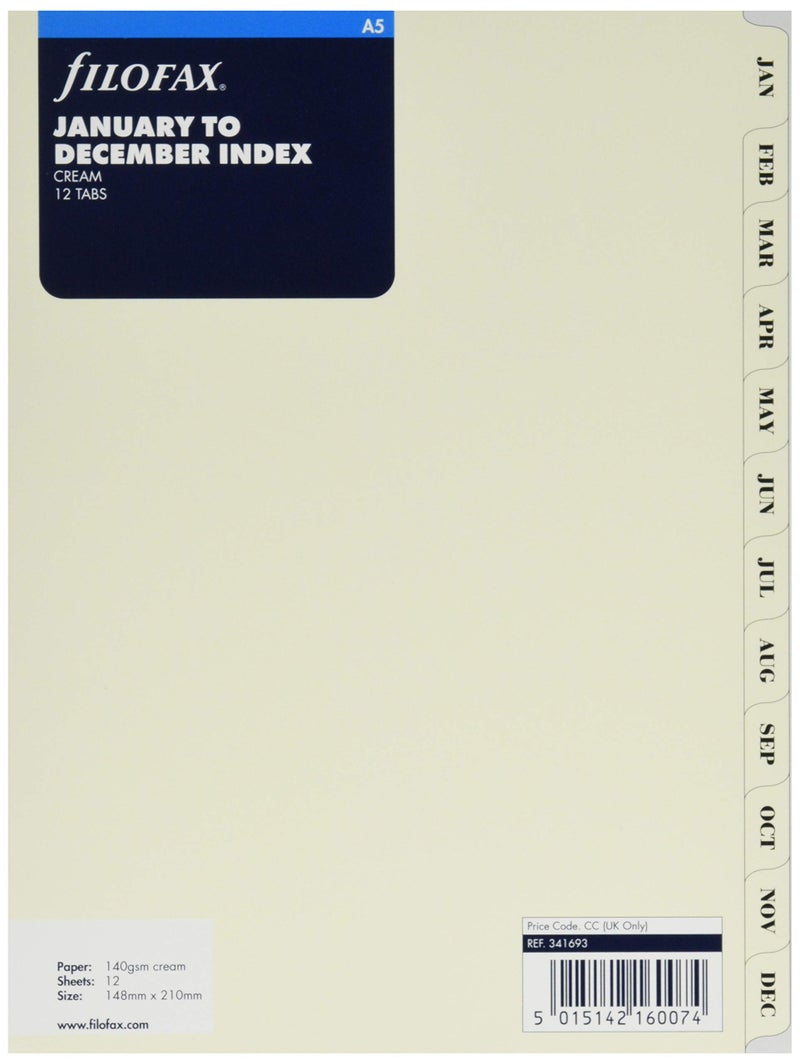 Filofax Organizer/Clipbook Refill Accessory, A5 Size, January to December Monthly Index Divider Set, 12 Tabs, Luxury Cotton Cream (B341693)