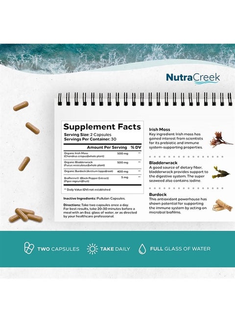 Sea Moss | Irish Sea Moss Capsules with Bladderwrack, Burdock Root & BioPerine for Absorption. Prebiotic & Immune Support | 1 Month of Bladderwrack and Sea Moss Pills - 60 Capsules