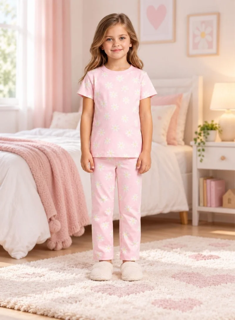Babyqlo Girls Pink Daisy Print T-Shirt and Pajama Set