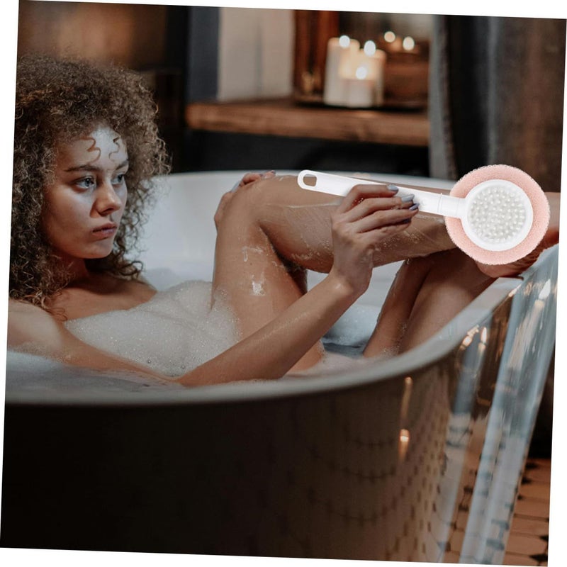 Pink Long Handle Shower Brush 2pcs With Loofah Sponge Exfoliating Back Bath Scrub - Image 5