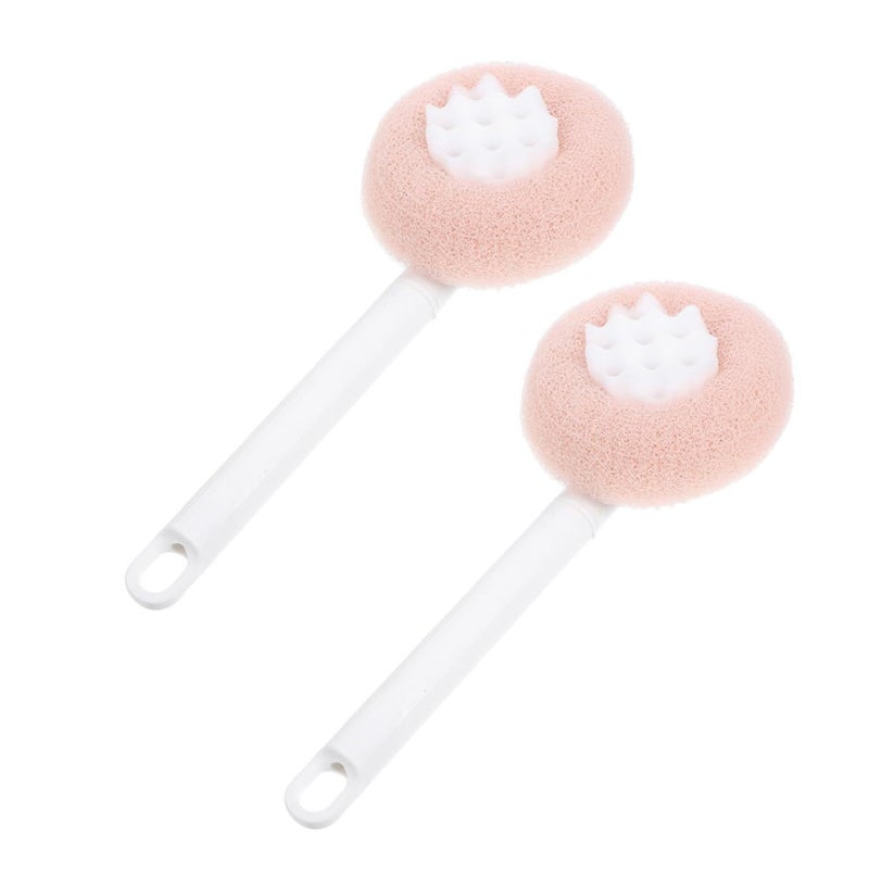 Pink Long Handle Shower Brush 2pcs With Loofah Sponge Exfoliating Back Bath Scrub - Image 2