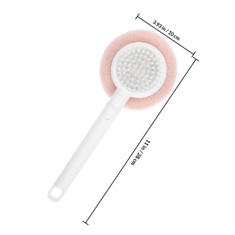 Pink Long Handle Shower Brush 2pcs With Loofah Sponge Exfoliating Back Bath Scrub - Image 3