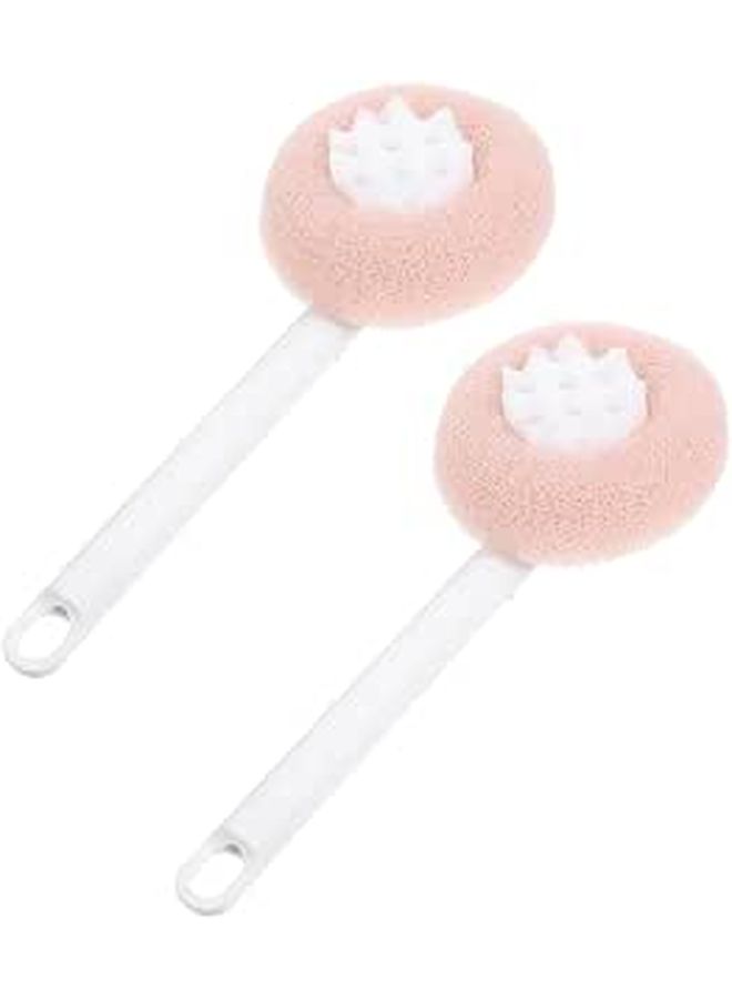 Pink Long Handle Shower Brush 2pcs With Loofah Sponge Exfoliating Back Bath Scrub - Image 1