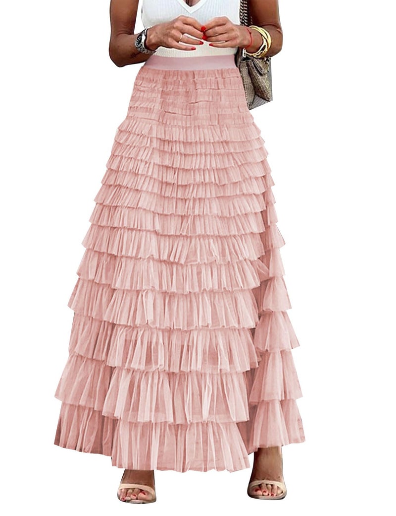 Flygo Women's Long Maxi Tulle Skirts A Line Ruffle High Waisted Tiered Layered Mesh Tutu Skirt Petticoat(Pink-M) - Image 1