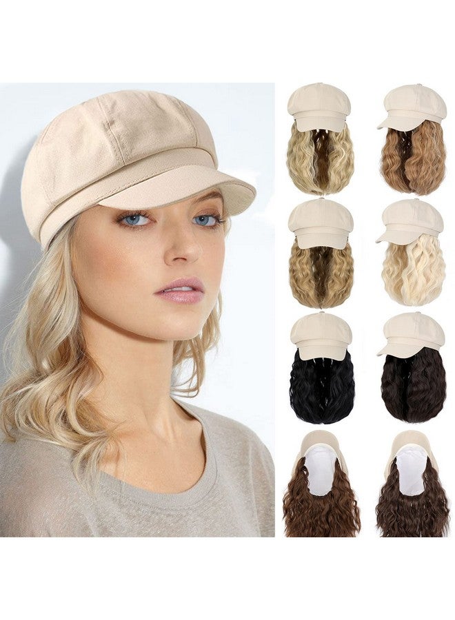 Qlenkay Newsboy Cap With Bob Hair Extensions Khaki Hat Wig 8 Panel Visor Beret Attached Synthetic 14'' Short Curly Wavy Hairpiece For Woman Ash Blonde - Image 1