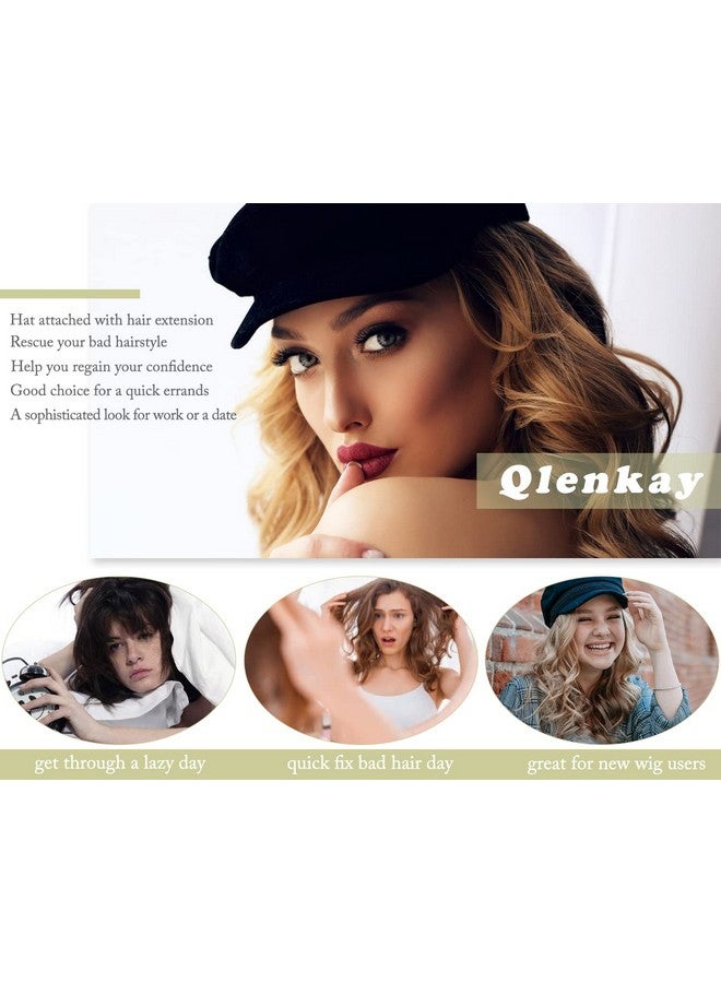 Qlenkay Newsboy Cap With Bob Hair Extensions Khaki Hat Wig 8 Panel Visor Beret Attached Synthetic 14'' Short Curly Wavy Hairpiece For Woman Ash Blonde - Image 3