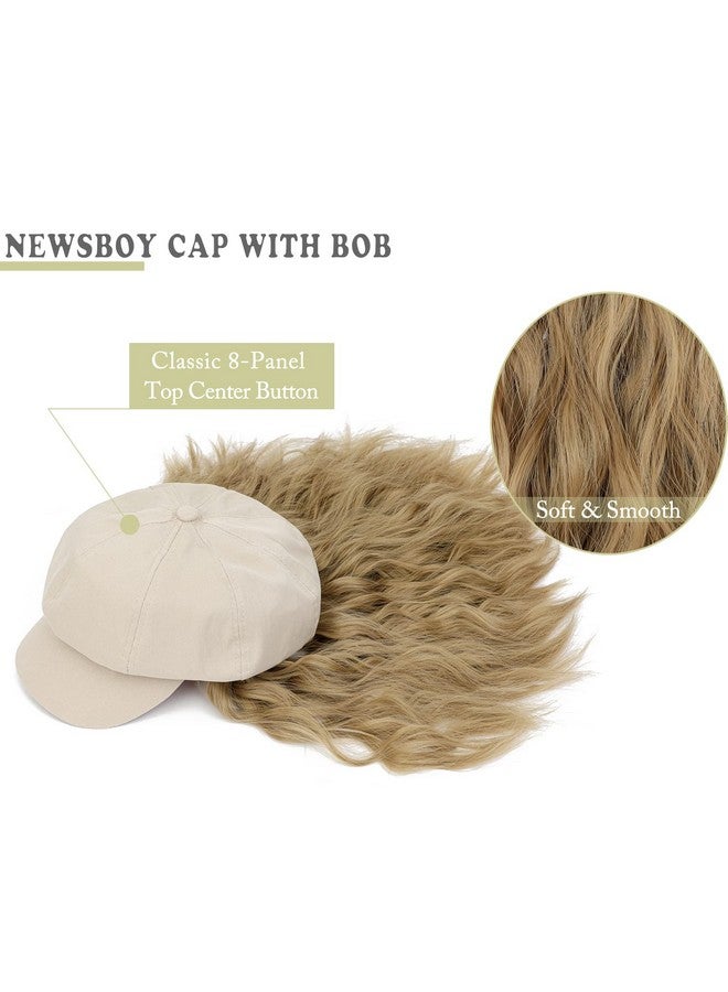Qlenkay Newsboy Cap With Bob Hair Extensions Khaki Hat Wig 8 Panel Visor Beret Attached Synthetic 14'' Short Curly Wavy Hairpiece For Woman Ash Blonde - Image 4