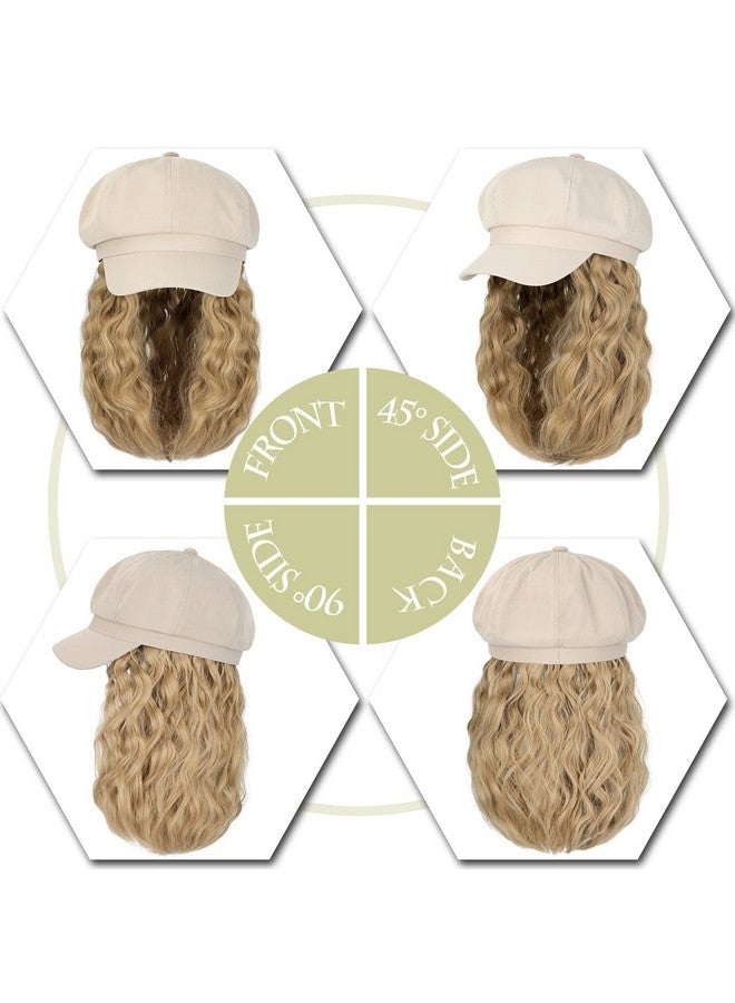 Qlenkay Newsboy Cap With Bob Hair Extensions Khaki Hat Wig 8 Panel Visor Beret Attached Synthetic 14'' Short Curly Wavy Hairpiece For Woman Ash Blonde - Image 5