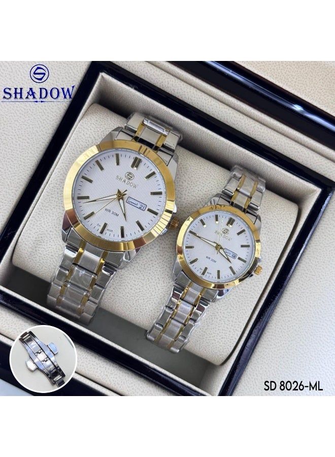 شادو طقم ساعات زوجية شادو فاخرة - وظيفة اليوم والتاريخ (عربي / إنجليزي) - تصميم كلاسيكي متناسق - Image 2