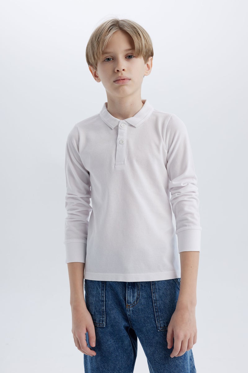 DeFacto White Boy Pique Basic Long Sleeve Polo T-Shirt Casual - Image 3