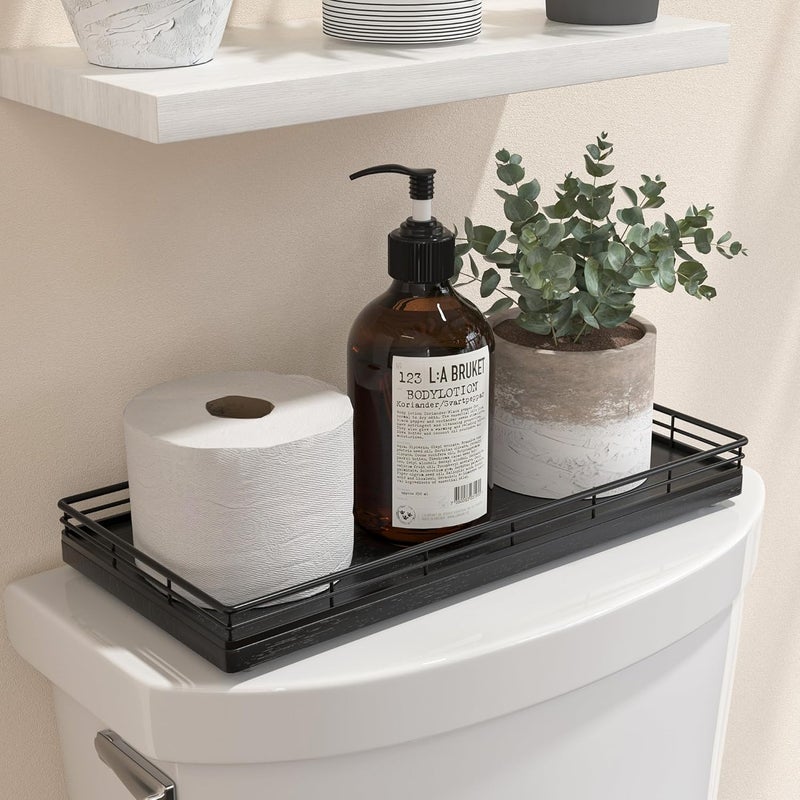 Focusonit Oak Bathroom Toilet Tank Tray, 13" Wood Toilet Paper Storage Basket Back of Toilet Basket Organizer, Vanity Tray for Perfume Makeup Candle Kitchen Counter Coffee Table Black Tray Decor - Image 1