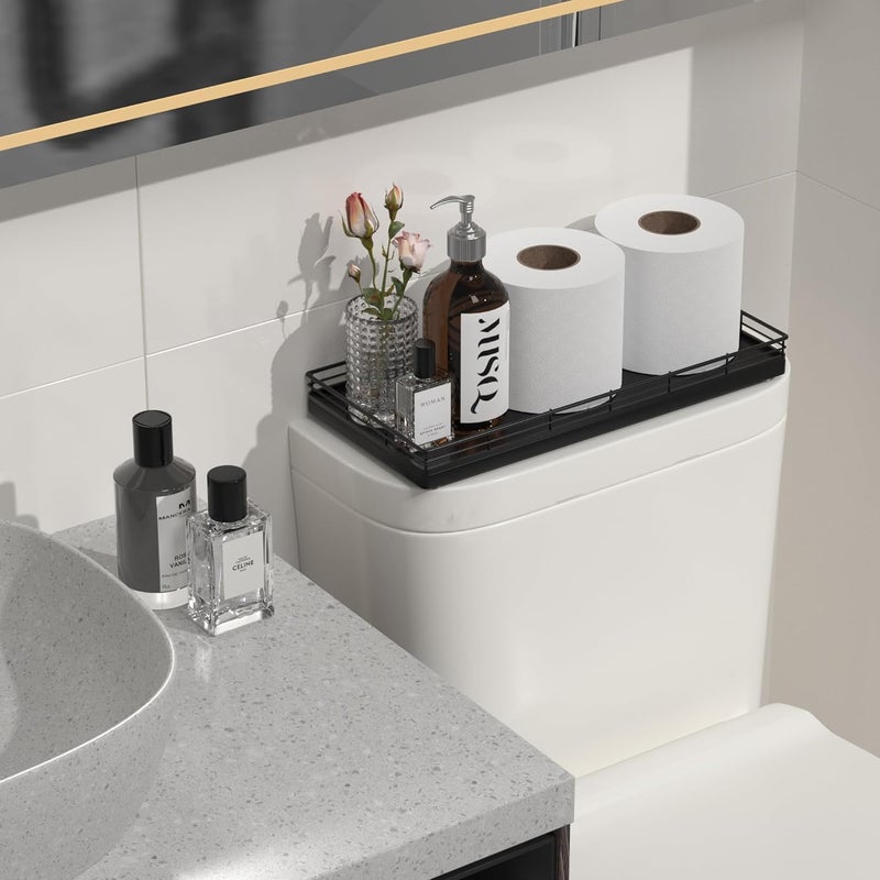 Focusonit Oak Bathroom Toilet Tank Tray, 13" Wood Toilet Paper Storage Basket Back of Toilet Basket Organizer, Vanity Tray for Perfume Makeup Candle Kitchen Counter Coffee Table Black Tray Decor - Image 3