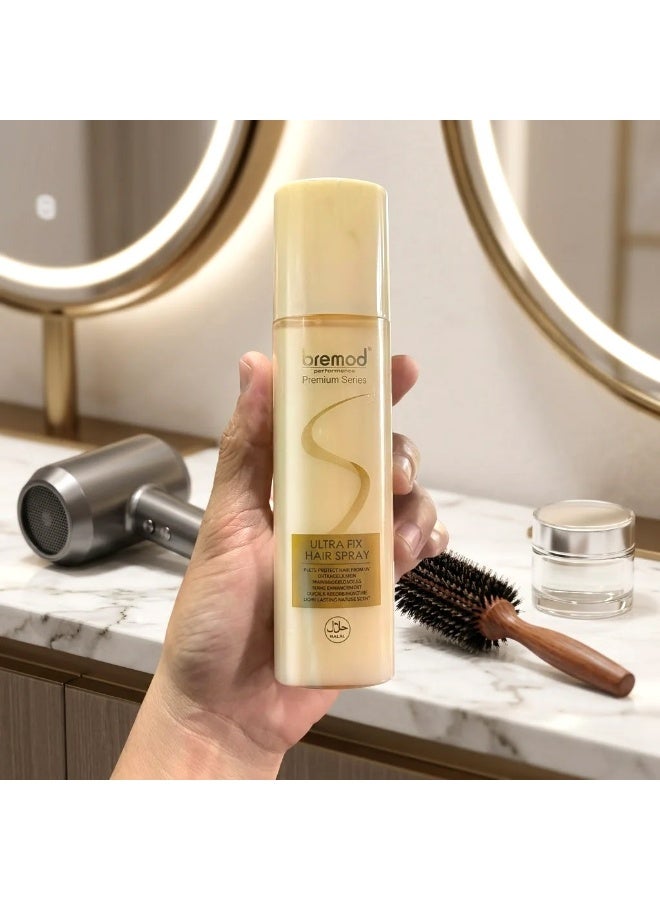 BREMOD Professional Bremod Ultra Fix Hair Spray Long Lasting Hair Styling Solution with Strong Hold Formula. Perfect for creating elegant looks, reducing flyaways, enhancing volume, protecting style structure, and providing a clean finish without sticky residue or heaviness. - Image 5