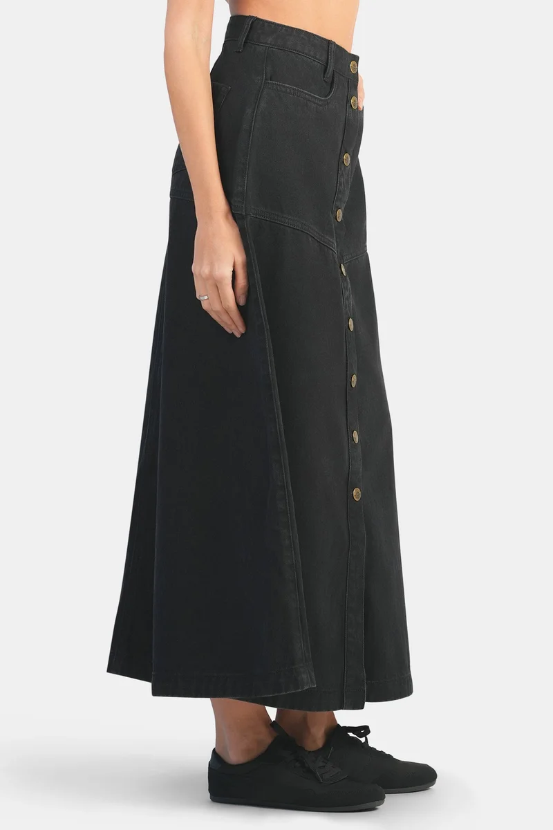 Virgio Black Solid Cotton Denim A-Line Midi Skirt for Women for Women | Best Price UAE