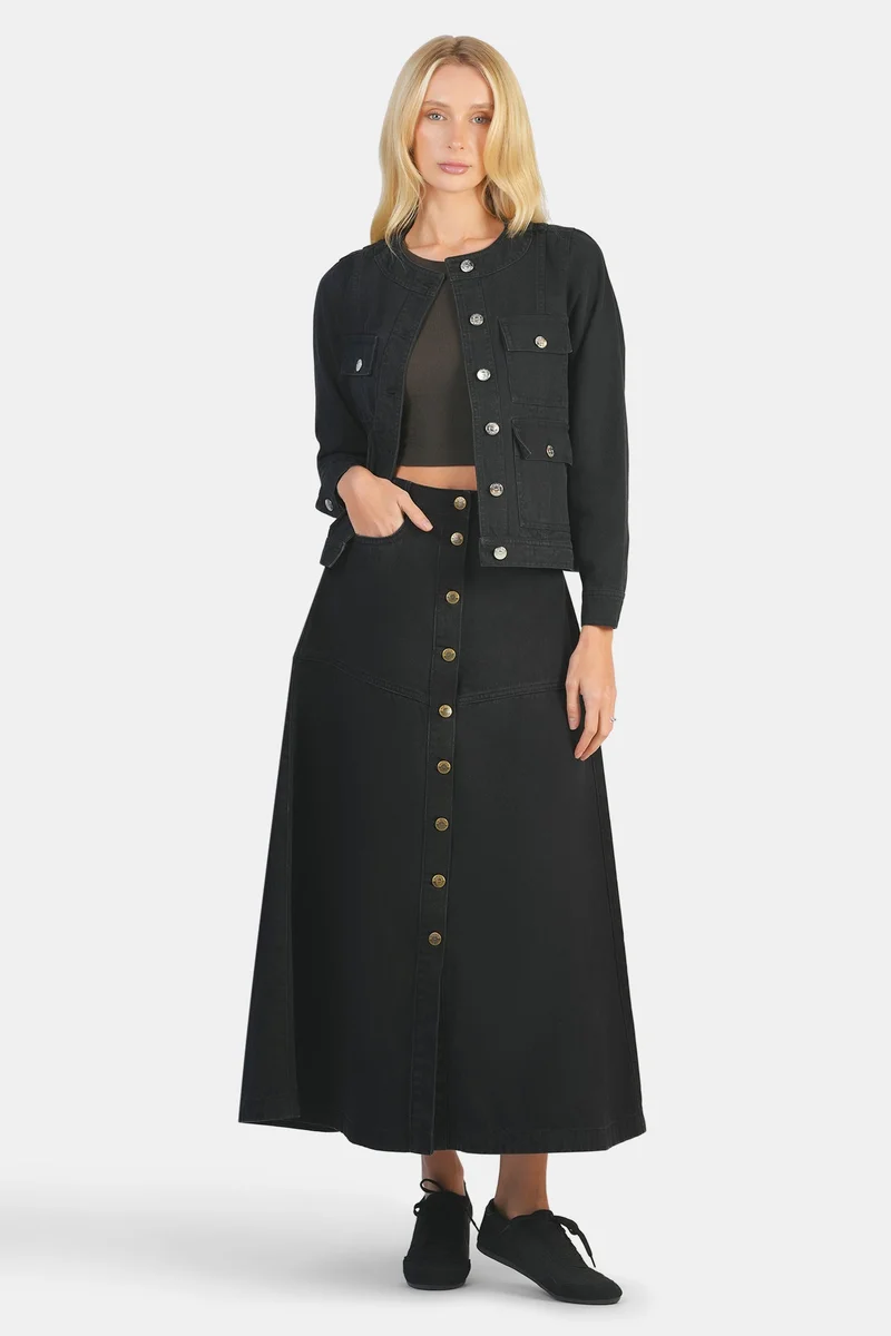 فيرجيو Solid Cotton Denim A-Line Midi Skirt for Women