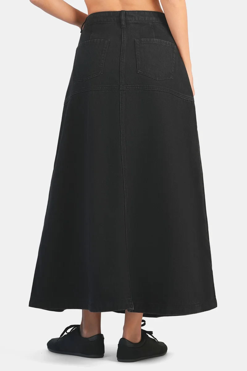 Virgio Black Solid Cotton Denim A-Line Midi Skirt for Women for Women | Best Price UAE