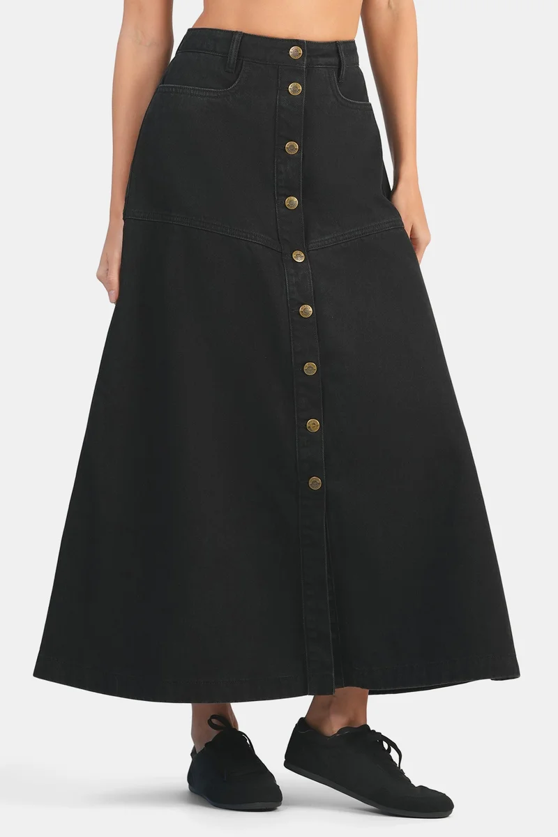 Virgio Black Solid Cotton Denim A-Line Midi Skirt for Women for Women | Best Price UAE