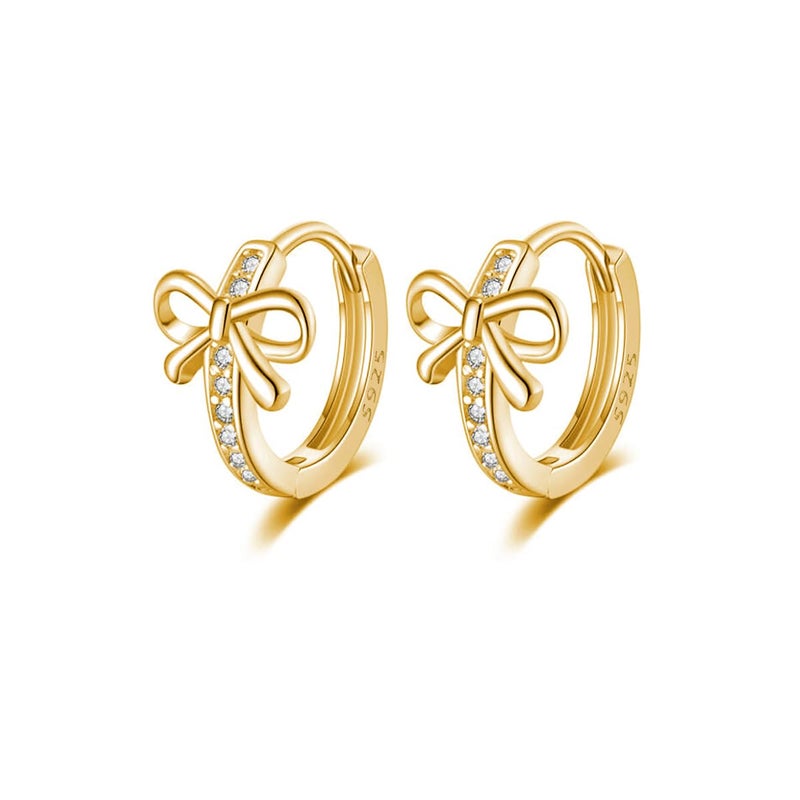 Reffeer Solid 925 Sterling Silver CZ Bow Hoop Earrings Ribbon for Women Teen Girls Bowknot Hoop Earrings Huggie (B-18K Gold) - Image 1