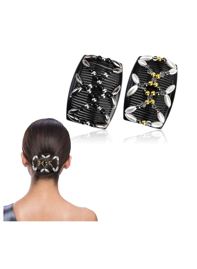 SYOSI Comb Hair Clips, Adjustable Hair Combs, Beaded Hair Clips, Elastic Double Side Combs Clips,  Hair Holder for Women Girls, DIY Hair Styling Tool, Hair Accessories 2 Pcs - Image 1