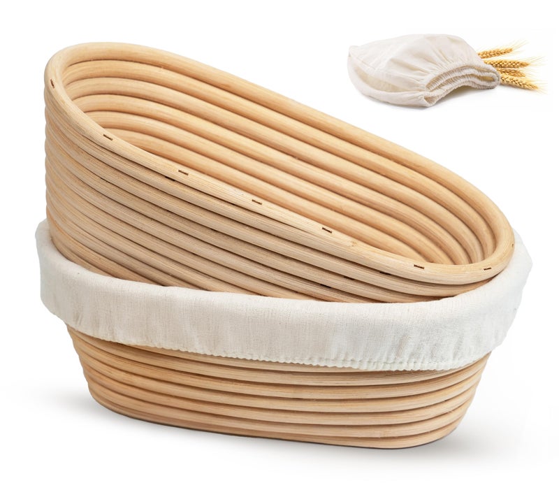 Kook Banneton Bread Proofing Baskets, Artisan Sourdough Bread Making Baskets, 9.8 Inch Handwoven Rattan Baskets and Cloth Liners, Set of 2, Oval - Image 1