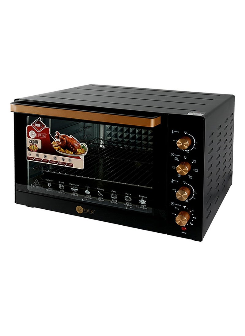 AFRA Electric Oven Toaster, 100L, 2800w Convection Rotisserie & Oven Lamp, 4 Knobs Tray, Rack, Handle, 7-Functions control, Adjustable Thermostat 70 to 250C, AF-1028OTBK, 2-Year Warranty