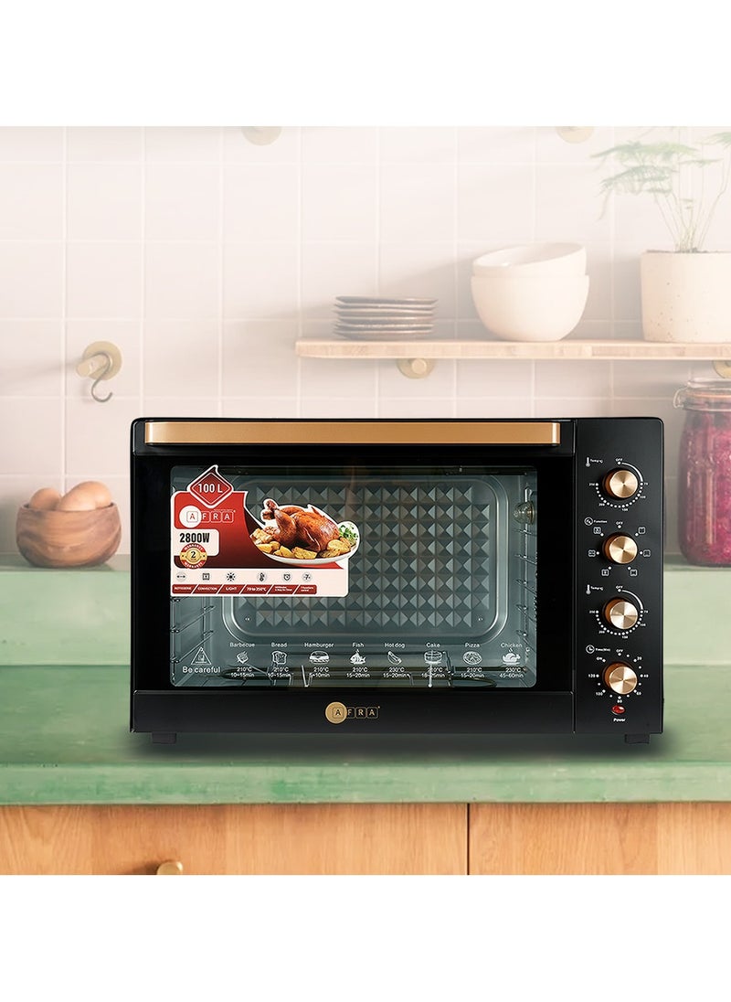 AFRA Electric Oven Toaster, 100L, 2800w Convection Rotisserie & Oven Lamp, 4 Knobs Tray, Rack, Handle, 7-Functions control, Adjustable Thermostat 70 to 250C, AF-1028OTBK, 2-Year Warranty